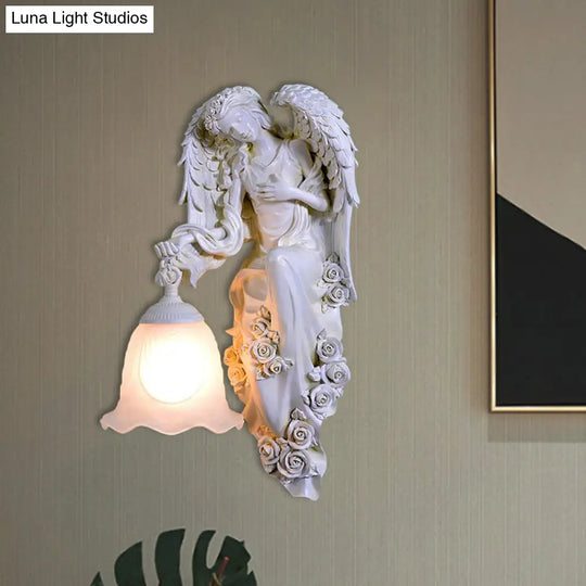 Traditional Double Angel Wall Lamp - White Resin Single Light Left/Right Mount