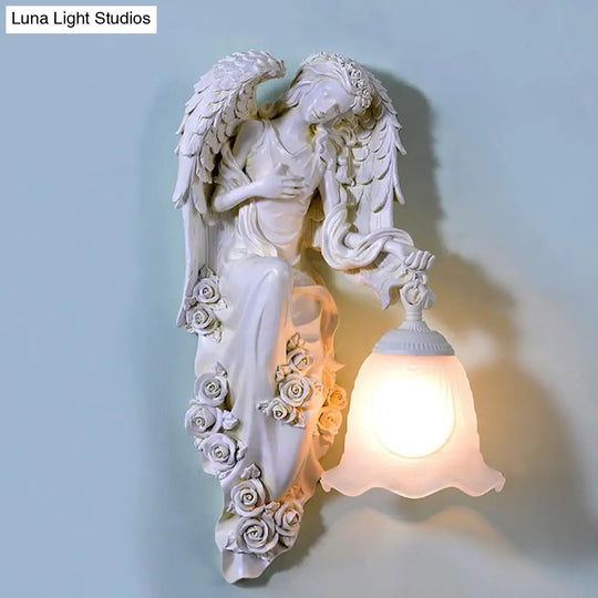 Traditional Double Angel Wall Lamp - White Resin Single Light Left/Right Mount