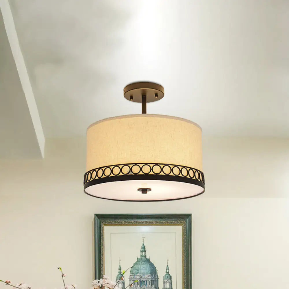 Traditional Drum Fabric Ceiling Light Fixture In Black For Bedroom Semi-Mount