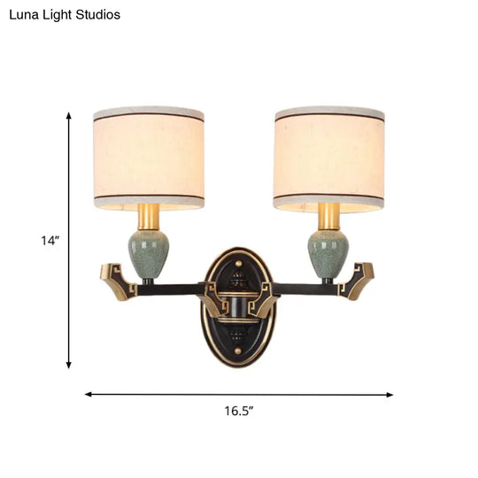 Traditional Drum Fabric Wall Sconce Lighting In Black For Bedroom - Half-Bulb Mount