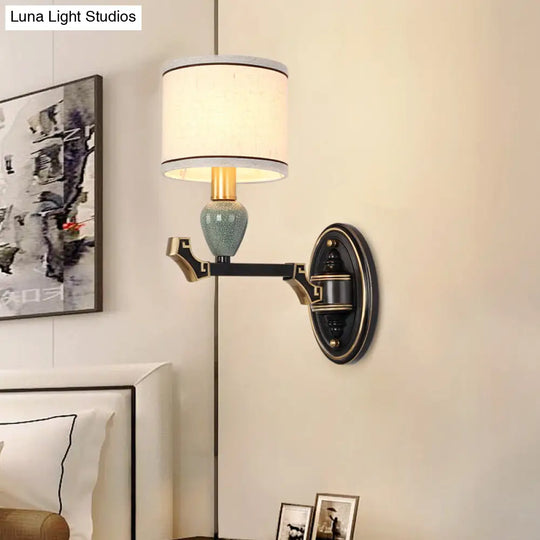 Traditional Drum Fabric Wall Sconce Lighting In Black For Bedroom - Half-Bulb Mount