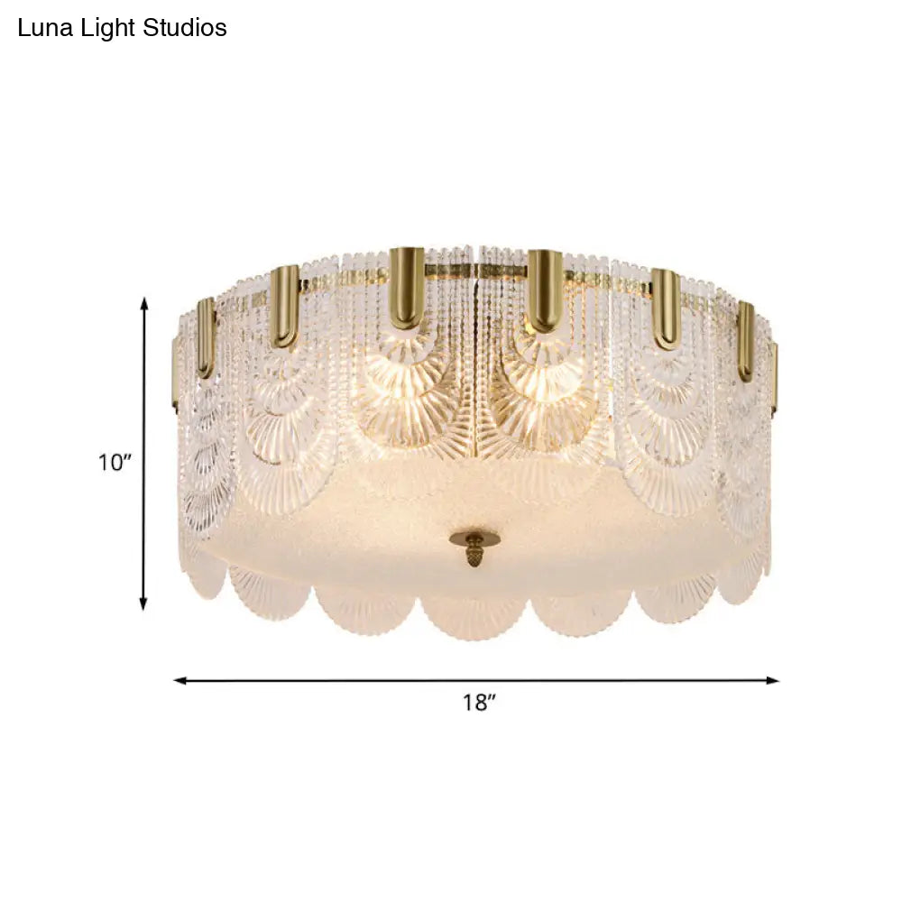 Traditional Drum Flushmount Prism Glass 6-Light Bedroom Ceiling Fixture In Brass
