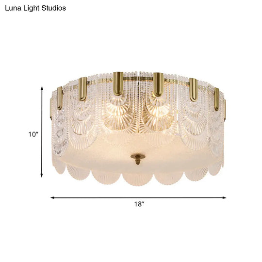 Traditional Drum Flushmount Prism Glass 6-Light Bedroom Ceiling Fixture In Brass