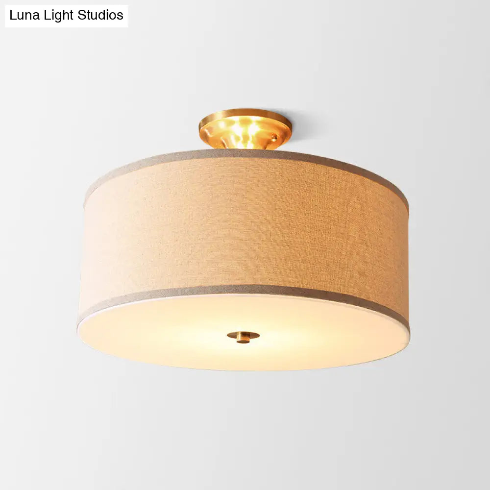 Traditional Drum Semi Flush Ceiling Light In Beige Fabric Shade