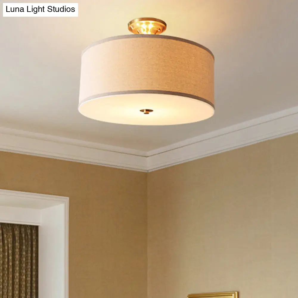 Traditional Drum Semi Flush Ceiling Light In Beige Fabric Shade 3 /