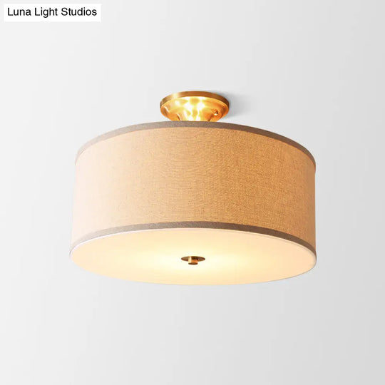 Traditional Drum Semi Flush Ceiling Light In Beige Fabric Shade