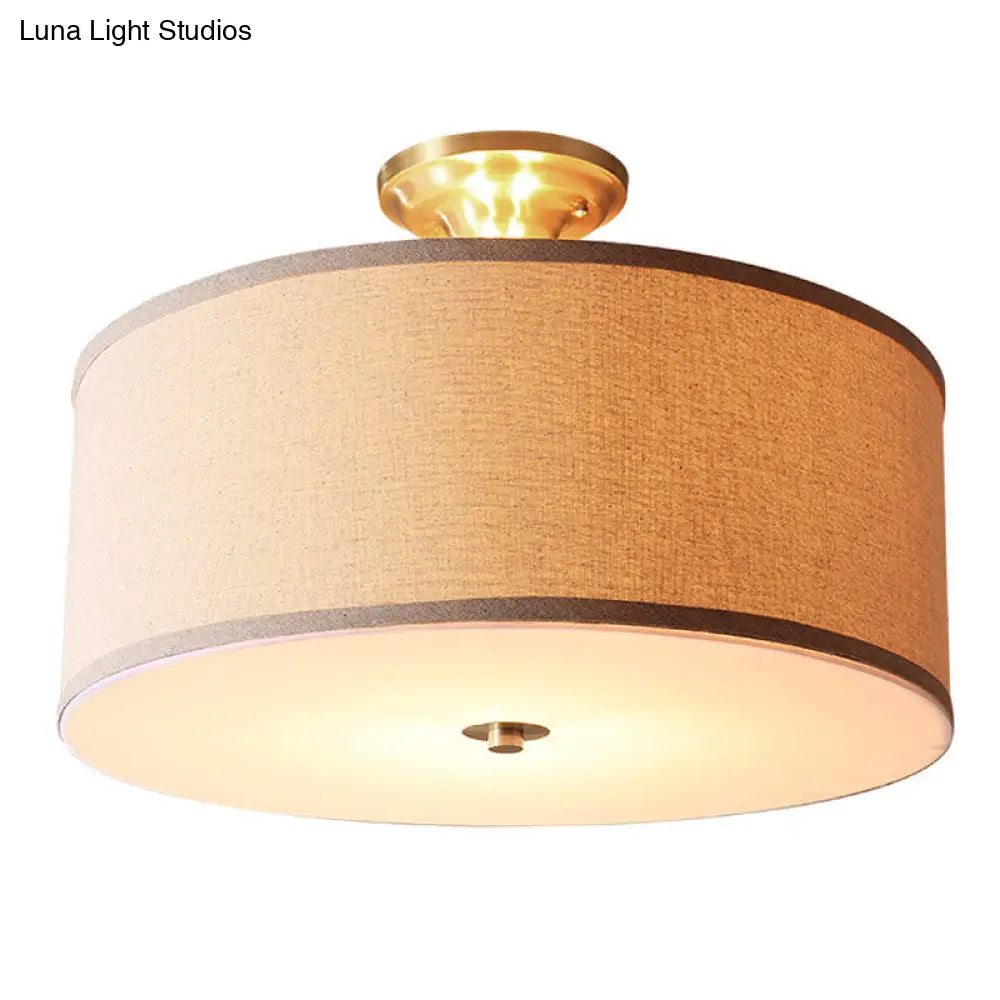 Traditional Drum Semi Flush Ceiling Light In Beige Fabric Shade