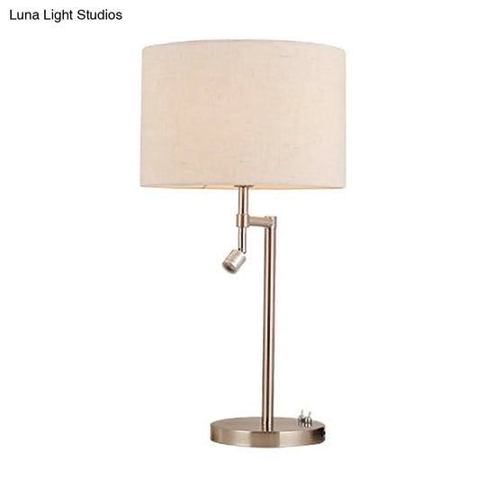 Traditional Drum Study Light: 1-Light Fabric Task Lighting In Nickel For Bedroom With Base