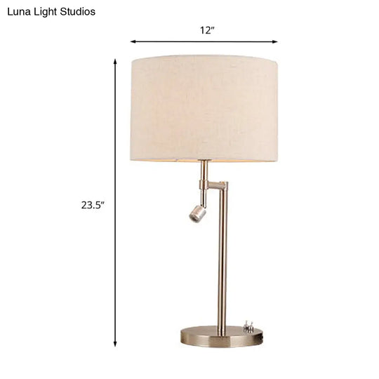 Traditional Drum Study Light: 1-Light Fabric Task Lighting In Nickel For Bedroom With Base