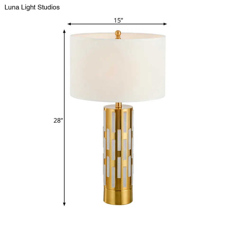 Traditional Fabric 1-Light Gold Drum Table Lamp With Cylinder Base For Bedroom Nightstand