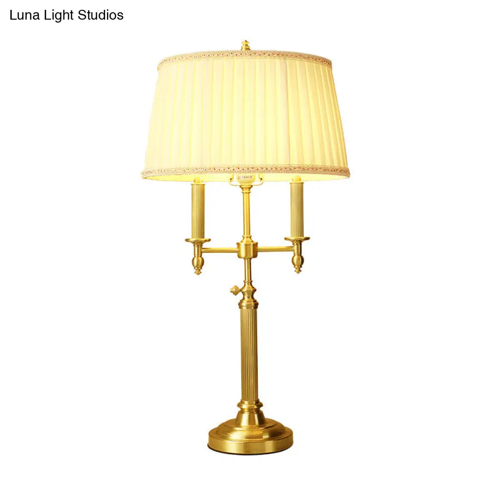 Traditional Fabric Barrel Table Lamp With Brass Base - White Light For Living Room Nightstand