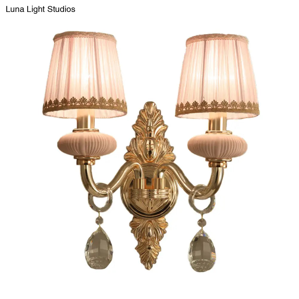 Traditional Fabric Barrel Wall Sconce With Crystal Accent - Pink/Blue 1/2 Head Lighting For Bedroom