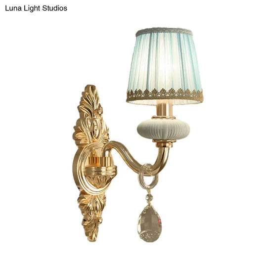 Traditional Fabric Barrel Wall Sconce With Crystal Accent - Pink/Blue 1/2 Head Lighting For Bedroom