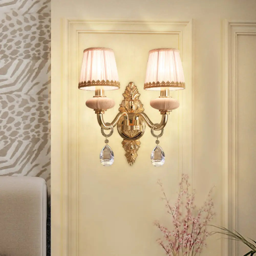 Traditional Fabric Barrel Wall Sconce With Crystal Accent - Pink/Blue 1/2 Head Lighting For Bedroom