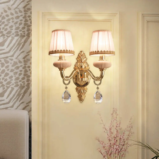 Traditional Fabric Barrel Wall Sconce With Crystal Accent - Pink/Blue 1/2 Head Lighting For Bedroom