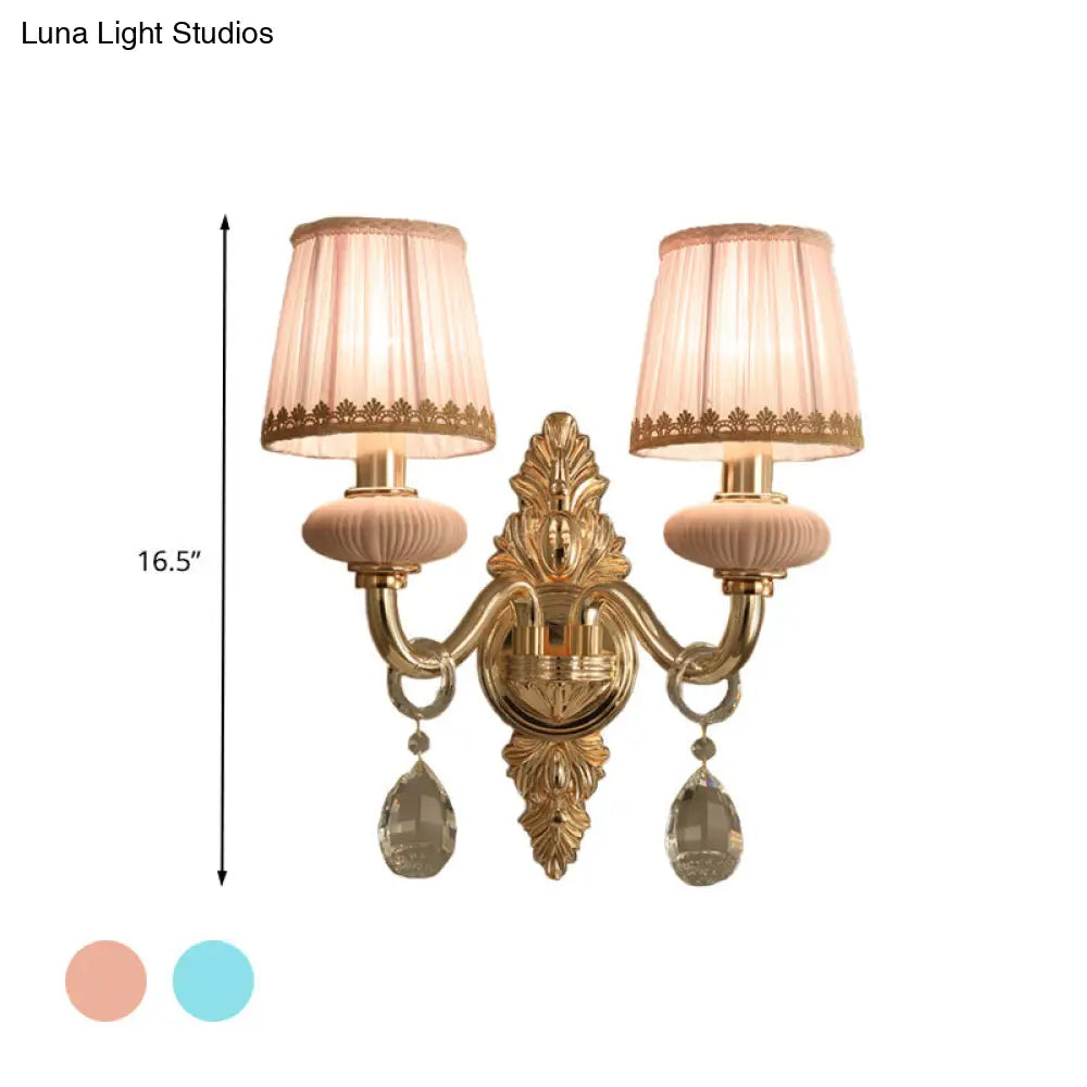 Traditional Fabric Barrel Wall Sconce With Crystal Accent - Pink/Blue 1/2 Head Lighting For Bedroom