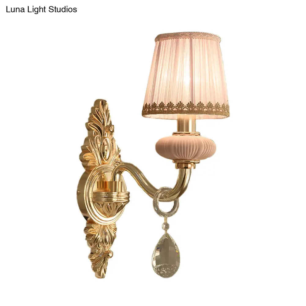 Traditional Fabric Barrel Wall Sconce With Crystal Accent - Pink/Blue 1/2 Head Lighting For Bedroom