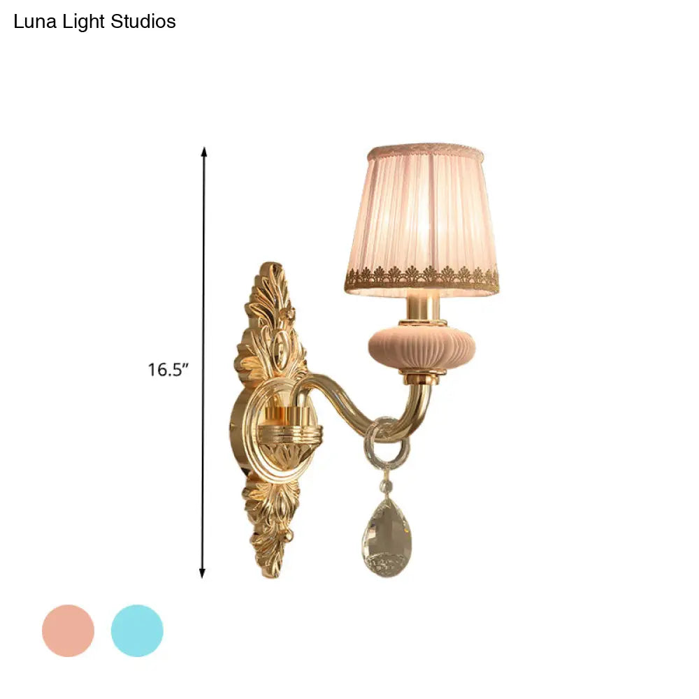 Traditional Fabric Barrel Wall Sconce With Crystal Accent - Pink/Blue 1/2 Head Lighting For Bedroom