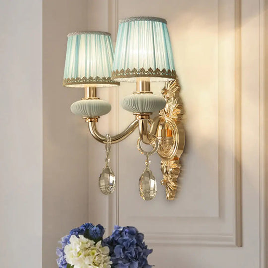 Traditional Fabric Barrel Wall Sconce With Crystal Accent - Pink/Blue 1/2 Head Lighting For Bedroom