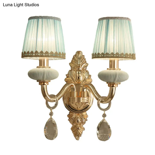 Traditional Fabric Barrel Wall Sconce With Crystal Accent - Pink/Blue 1/2 Head Lighting For Bedroom