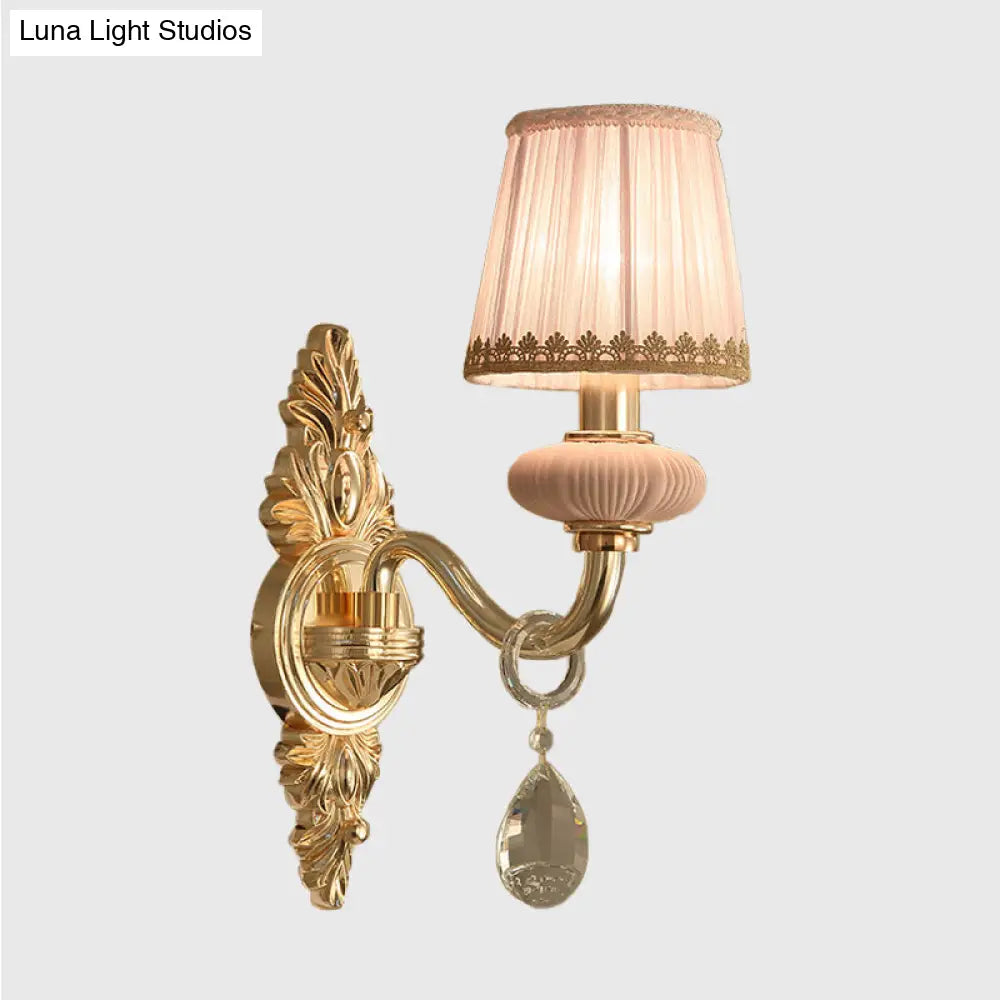 Traditional Fabric Barrel Wall Sconce With Crystal Accent - Pink/Blue 1/2 Head Lighting For Bedroom