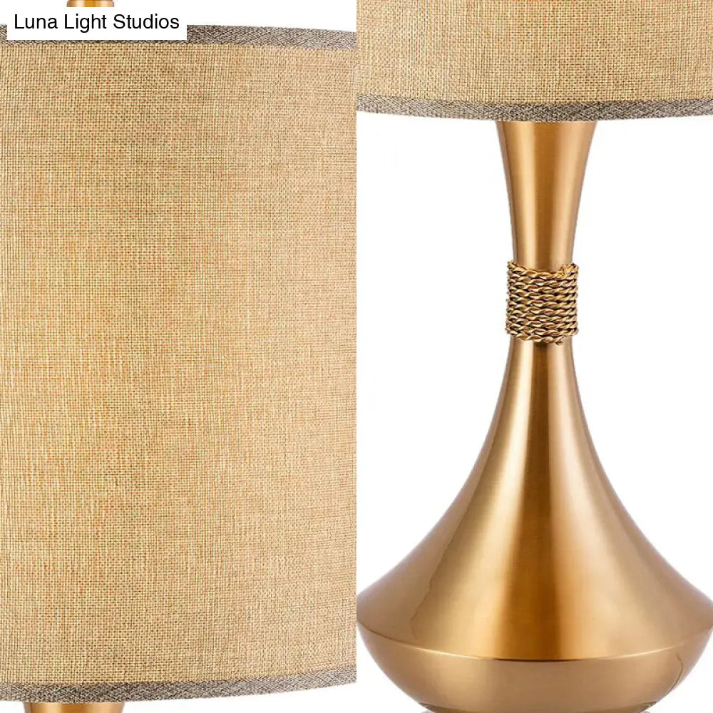 Traditional Fabric Cylinder Study Lamp: White/Beige Reading Light With Metal Base