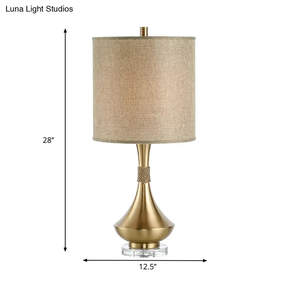 Traditional Fabric Cylinder Study Lamp: White/Beige Reading Light With Metal Base