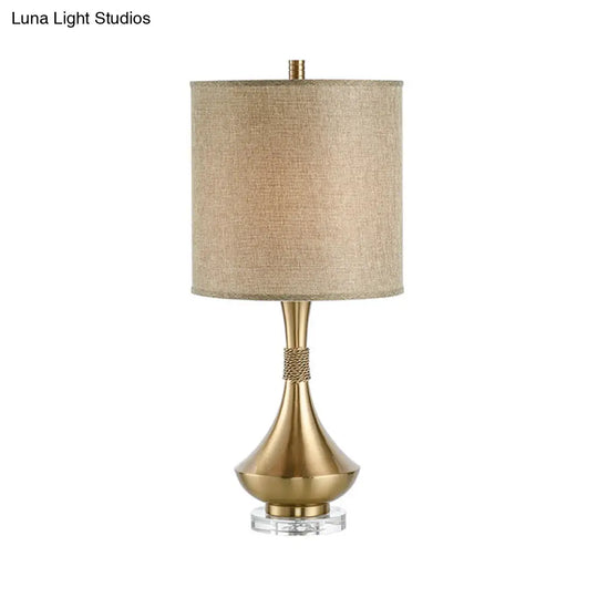 Traditional Fabric Cylinder Study Lamp: White/Beige Reading Light With Metal Base