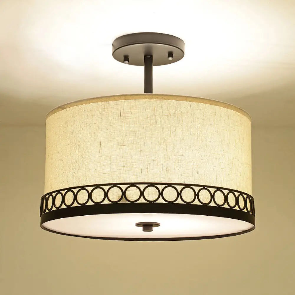 Traditional Fabric Drum Semi-Mount Ceiling Lamp - White 5 Lights For Living Room