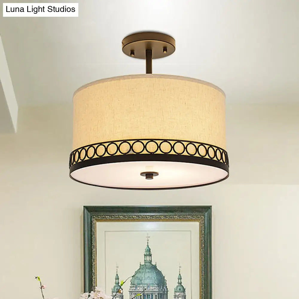 Traditional Fabric Drum Semi-Mount Ceiling Lamp - White 5 Lights For Living Room