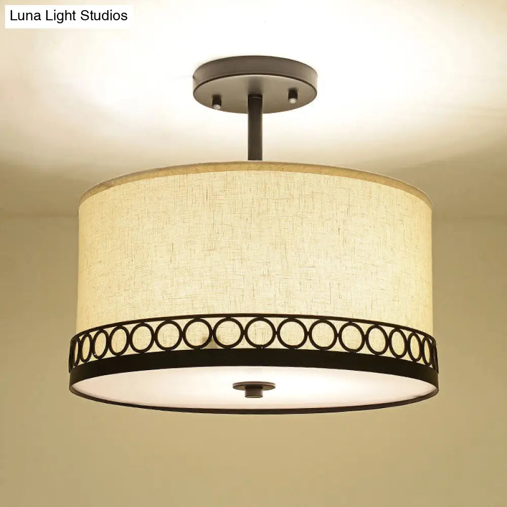 Traditional Fabric Drum Semi-Mount Ceiling Lamp - White 5 Lights For Living Room