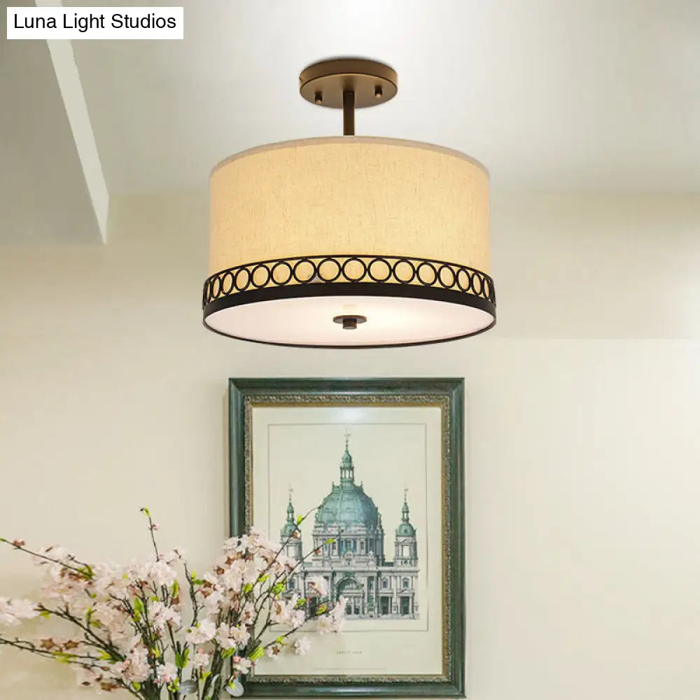 Traditional Fabric Drum Semi-Mount Ceiling Lamp - White 5 Lights For Living Room