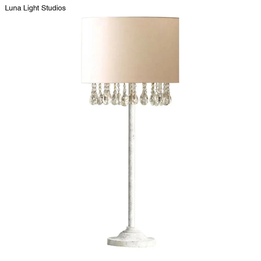 Traditional Fabric Drum Table Light For Bedroom Nightstand - White With Crystal Accent