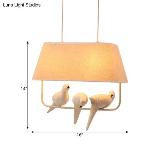 Traditional Fabric Trapezoid Hanging Light Kit - White Pendant Lighting With Bird