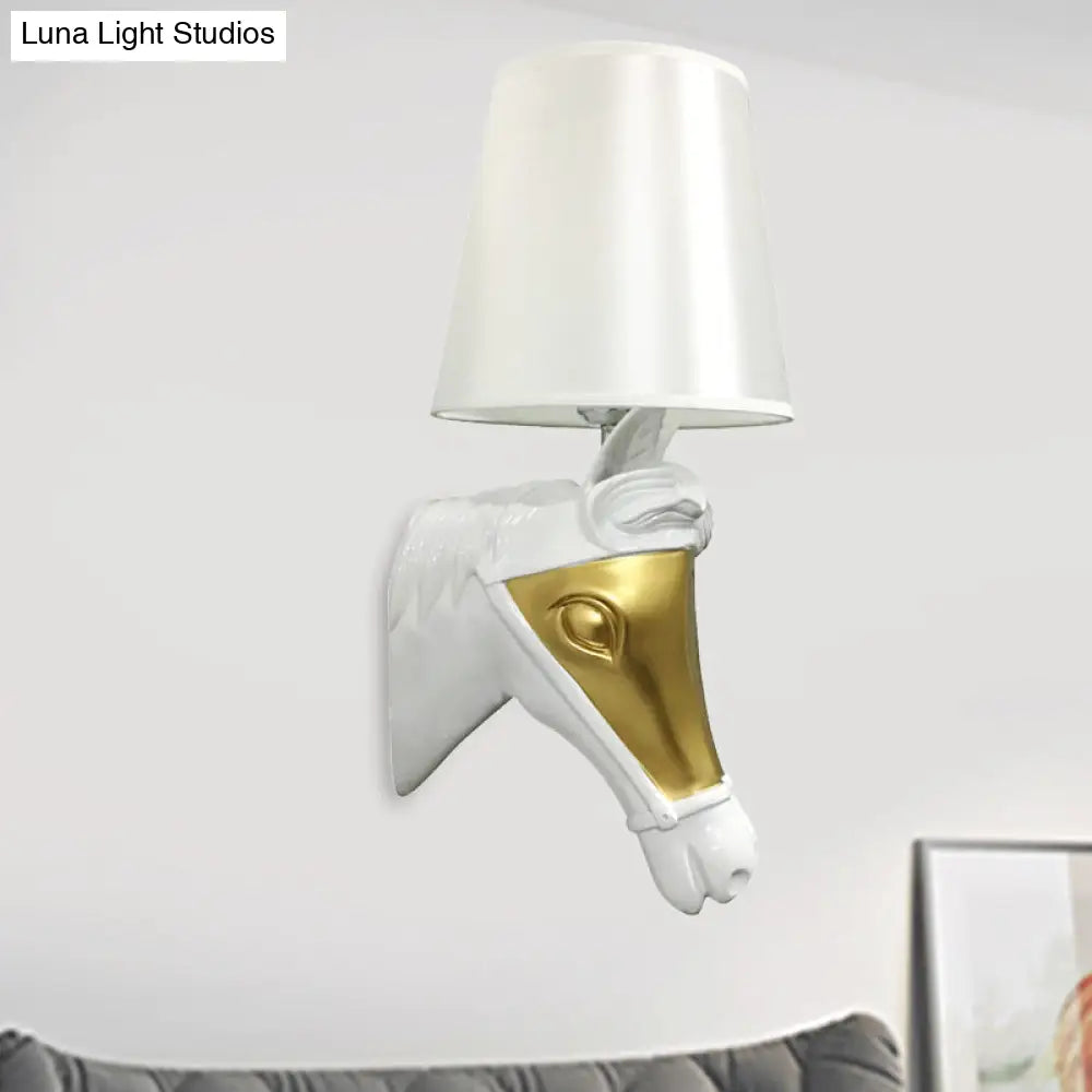 Traditional Fabric Wall Mount Sconce Light - White/Gold Bedroom Lighting With Horse Head Backplate