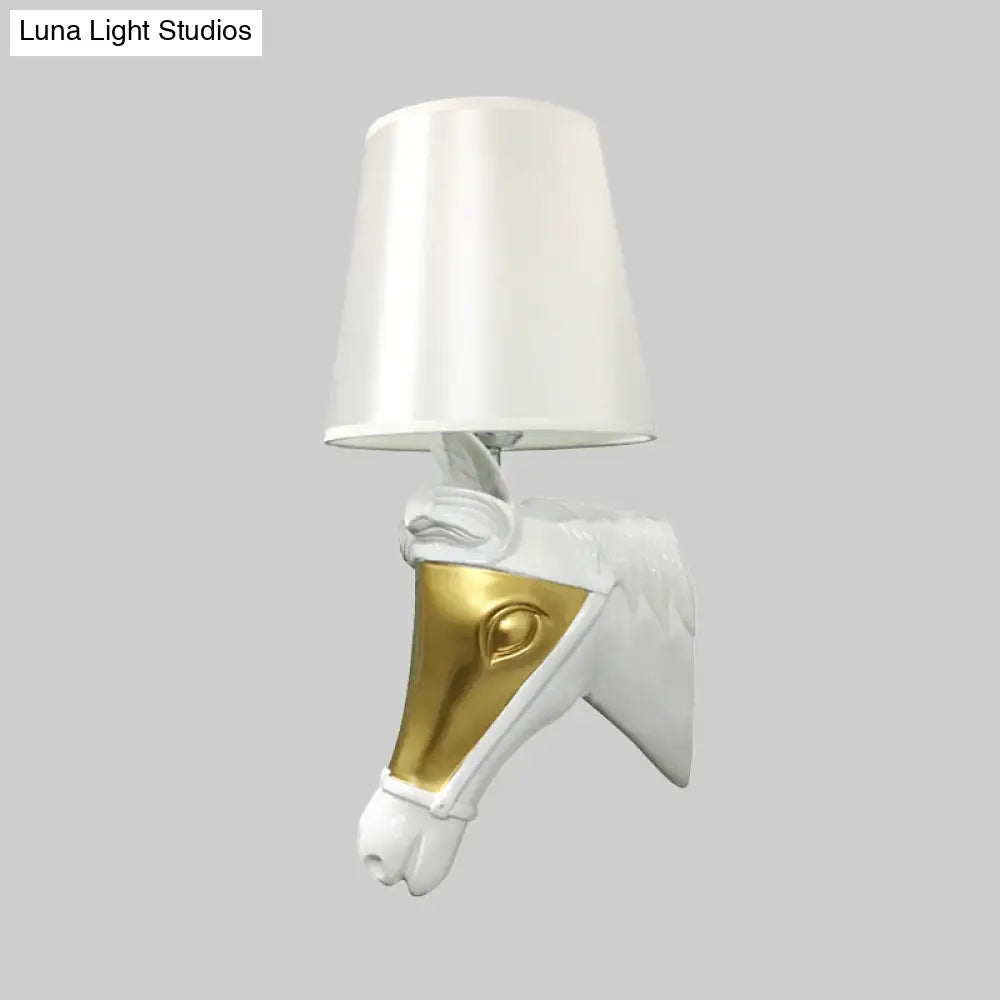 Traditional Fabric Wall Mount Sconce Light - White/Gold Bedroom Lighting With Horse Head Backplate