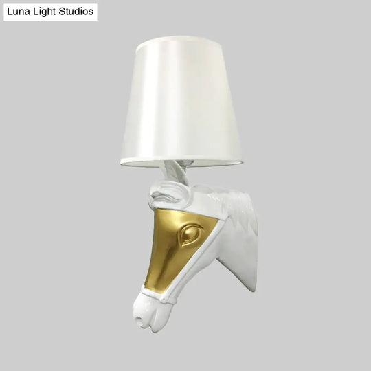 Traditional Fabric Wall Mount Sconce Light - White/Gold Bedroom Lighting With Horse Head Backplate