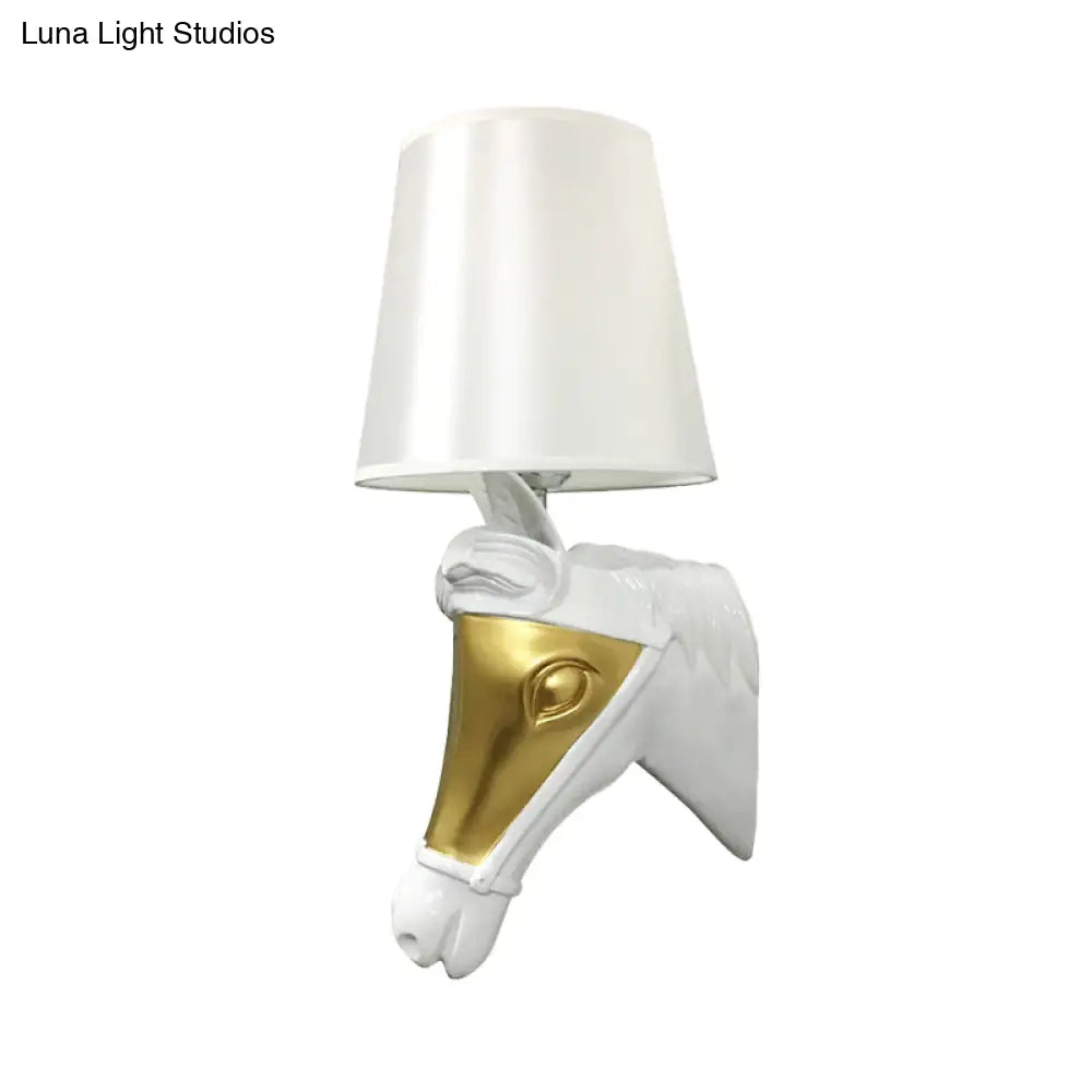 Traditional Fabric Wall Mount Sconce Light - White/Gold Bedroom Lighting With Horse Head Backplate