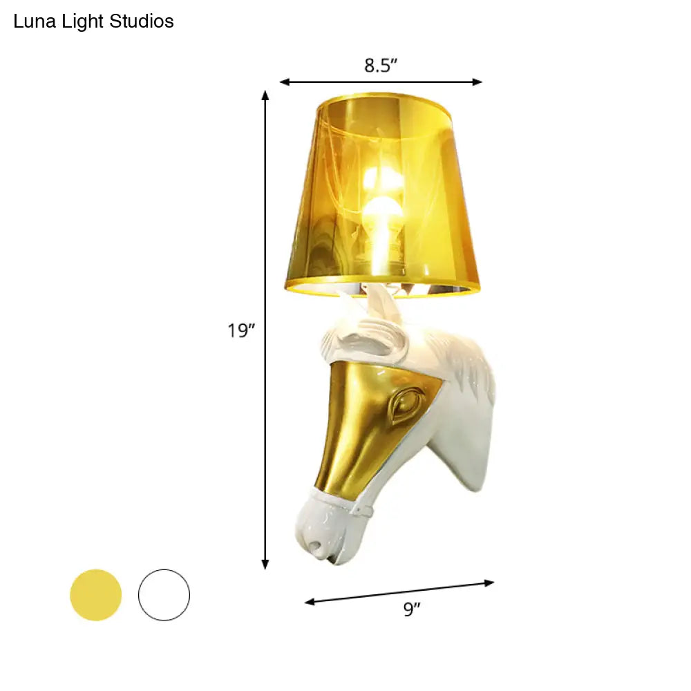 Traditional Fabric Wall Mount Sconce Light - White/Gold Bedroom Lighting With Horse Head Backplate