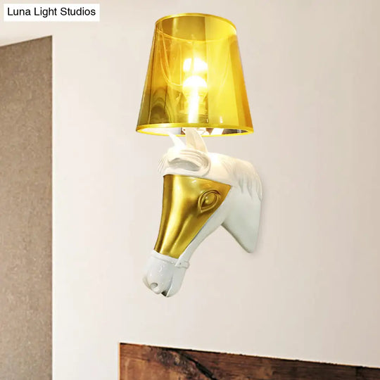 Traditional Fabric Wall Mount Sconce Light - White/Gold Bedroom Lighting With Horse Head Backplate