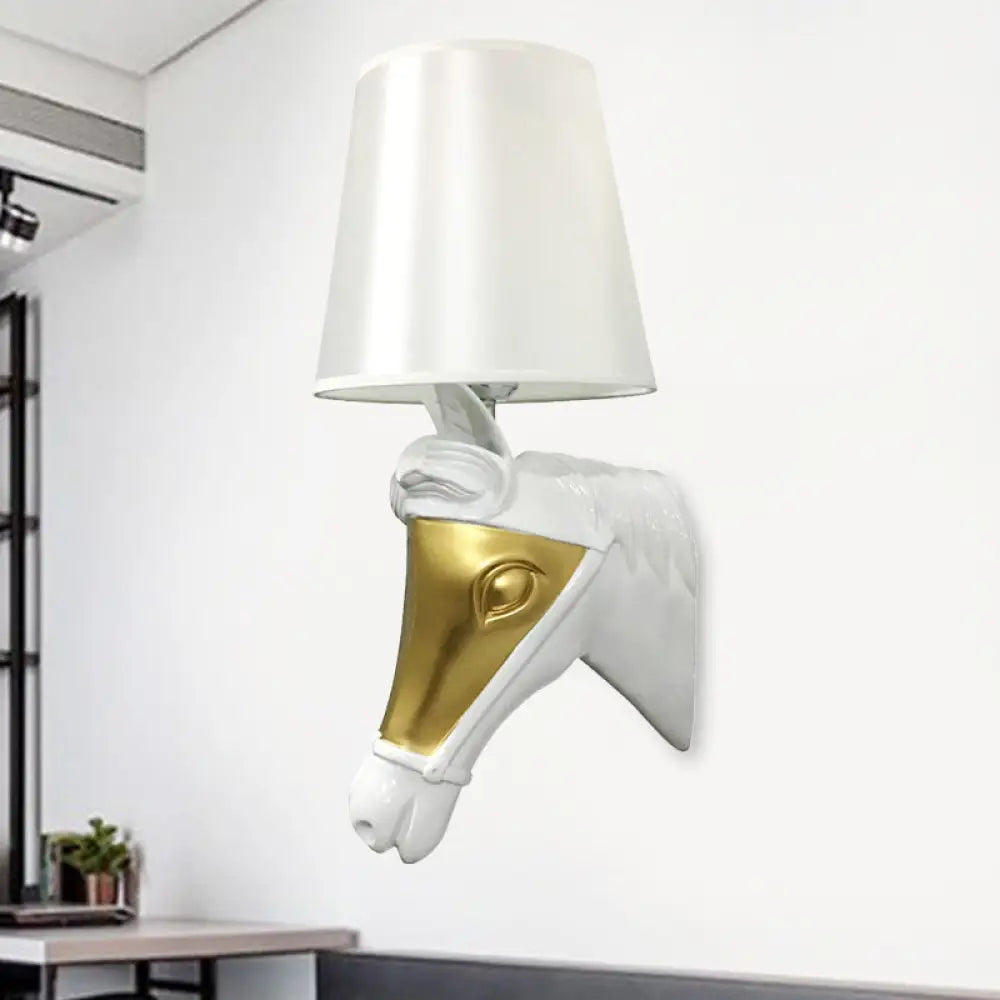 Traditional Fabric Wall Mount Sconce Light - White/Gold Bedroom Lighting With Horse Head Backplate