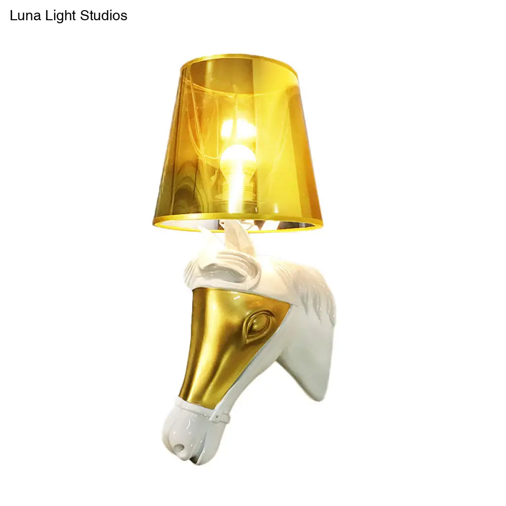 Traditional Fabric Wall Mount Sconce Light - White/Gold Bedroom Lighting With Horse Head Backplate