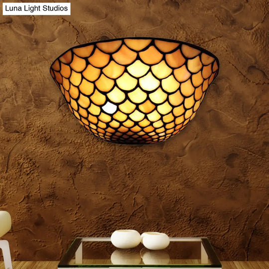 Traditional Fish Scale Sconce Lighting - Beige Glass 2 Lights For Staircase Wall Mount