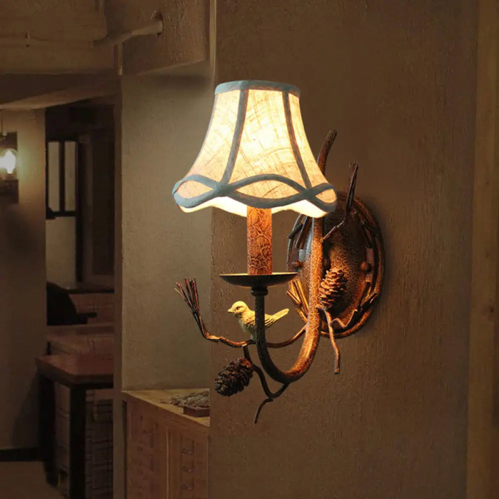 Traditional Flared Brown Fabric Wall Light With Decorative Bird And Pinecone - Perfect For