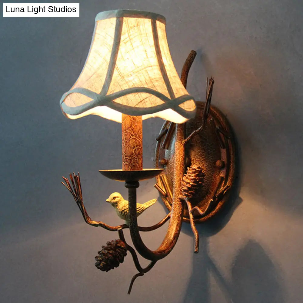 Traditional Flared Brown Fabric Wall Light With Decorative Bird And Pinecone - Perfect For