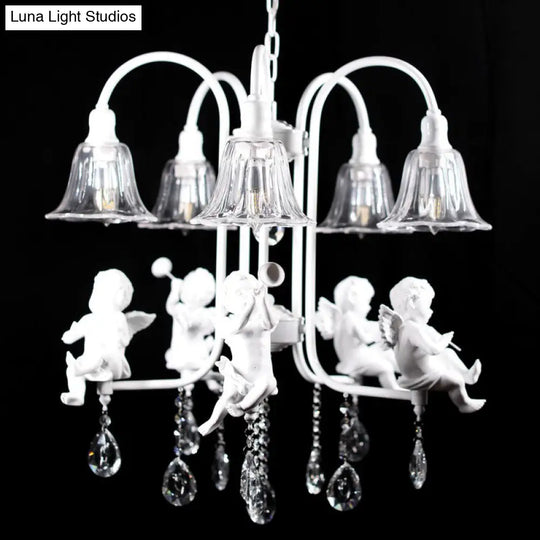 Traditional Flared Chandelier Pendant - 5-Light White Ceiling Light With Angelic Crystal Drops