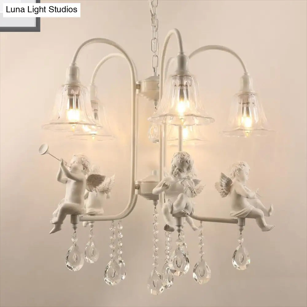 Traditional Flared Chandelier Pendant - 5-Light White Ceiling Light With Angelic Crystal Drops