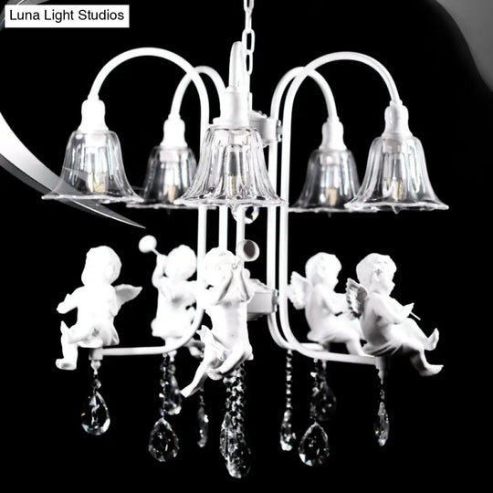 Traditional Flared Chandelier Pendant - 5-Light White Ceiling Light With Angelic Crystal Drops