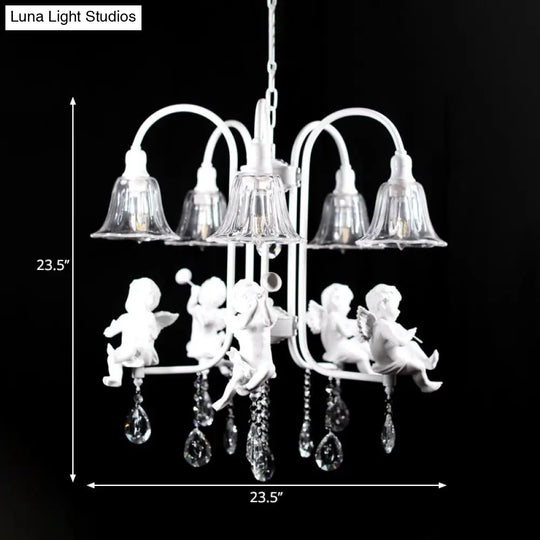 Traditional Flared Chandelier Pendant - 5-Light White Ceiling Light With Angelic Crystal Drops