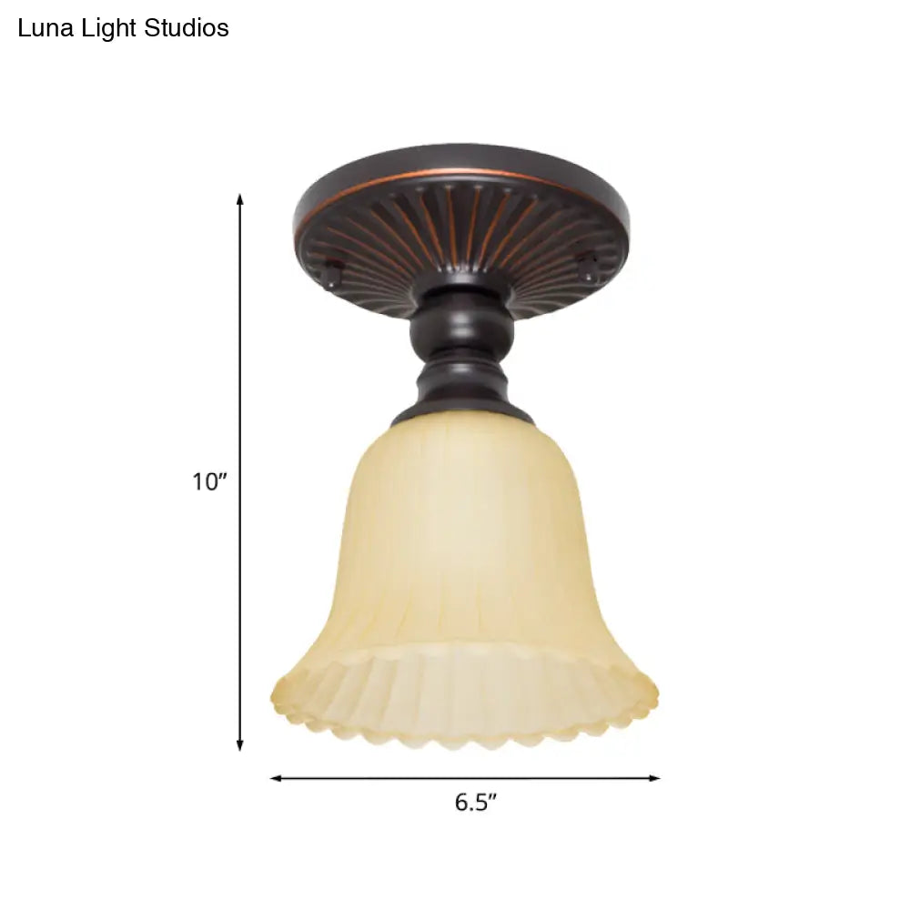 Traditional Flared Foyer Semi Flush Mount With Ribbed Frosted Glass – 1 Light Black Flushmount